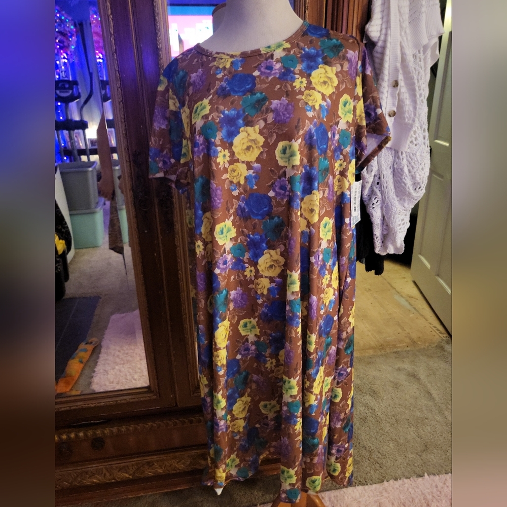 NWT LuLaRoe Womens Dress Carly 2XL Solid Hi-Low Brown Floral Soft colors Rare